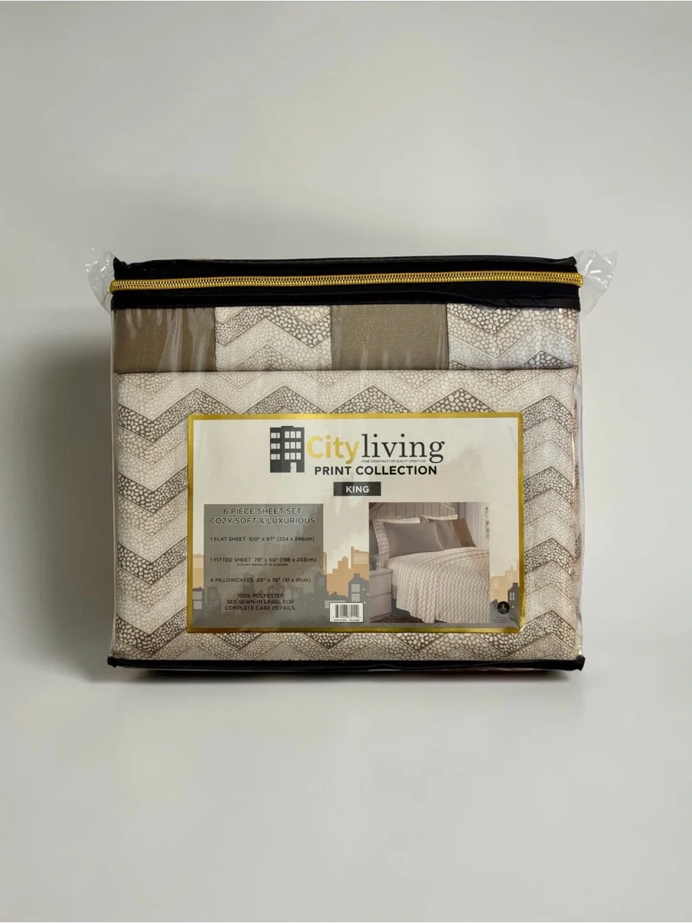Cityliving King Print Bedding Set in Beige Chevron
